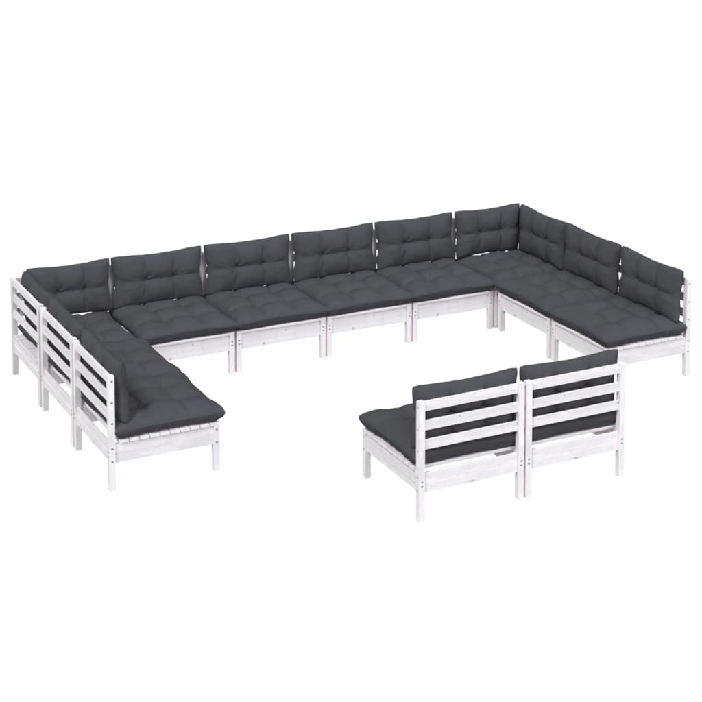 12-tlg. Garten-Lounge-Set mit Kissen Weiss Kiefer Massivholz